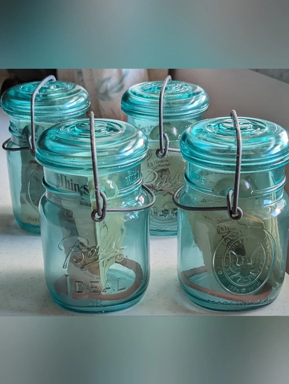 Set Of 4 Blue Ball Ideal Glass Mason Jars with Wire Bail Lids Farmhouse Decor